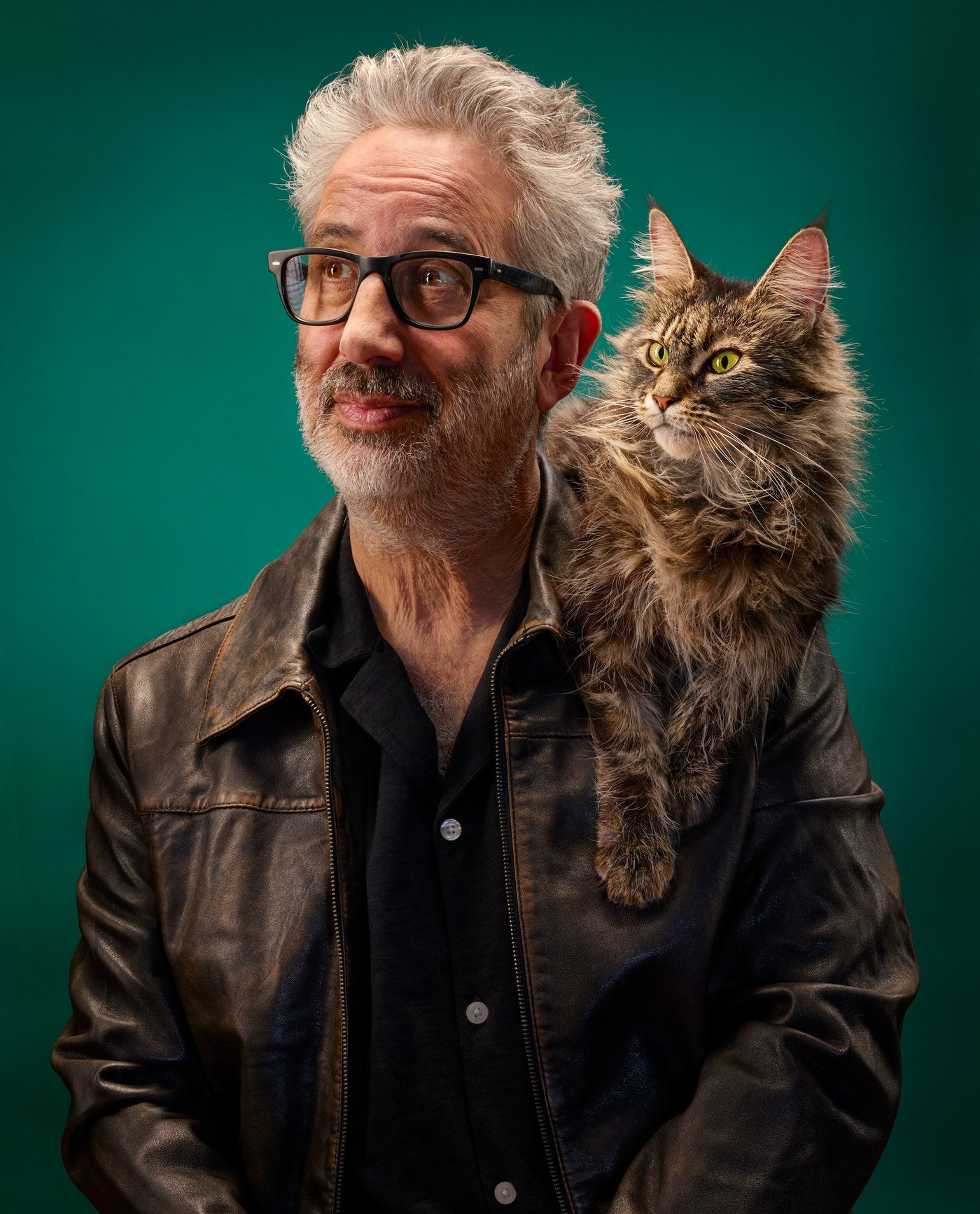 David Baddiel with a cat on his shoulder